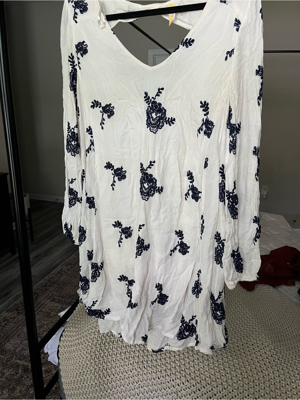 Free People Emma White V-Neck Swing Dress with Navy Floral Embroidery